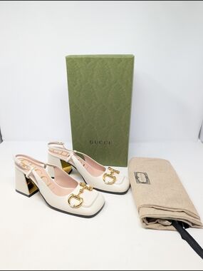 Gucci Baby SlingBack HorseBit Pumps White GG Block Heel Size 36.5 NIB